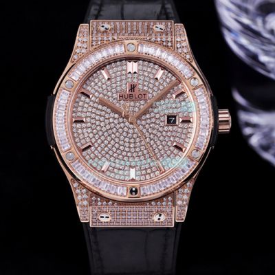 Hublot Classic Fusion Replica Watch Diamond Rose Gold Case Black Leather Strap